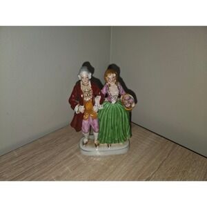 Vintage Made in Occupied Japan Porcelain Colonial Couple Figurine Burgundy Green